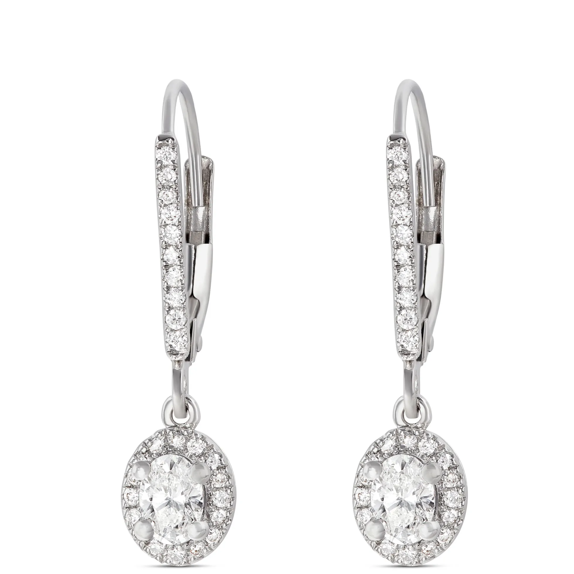 Oval Diamond Leverback Earrings, 14K White Gold