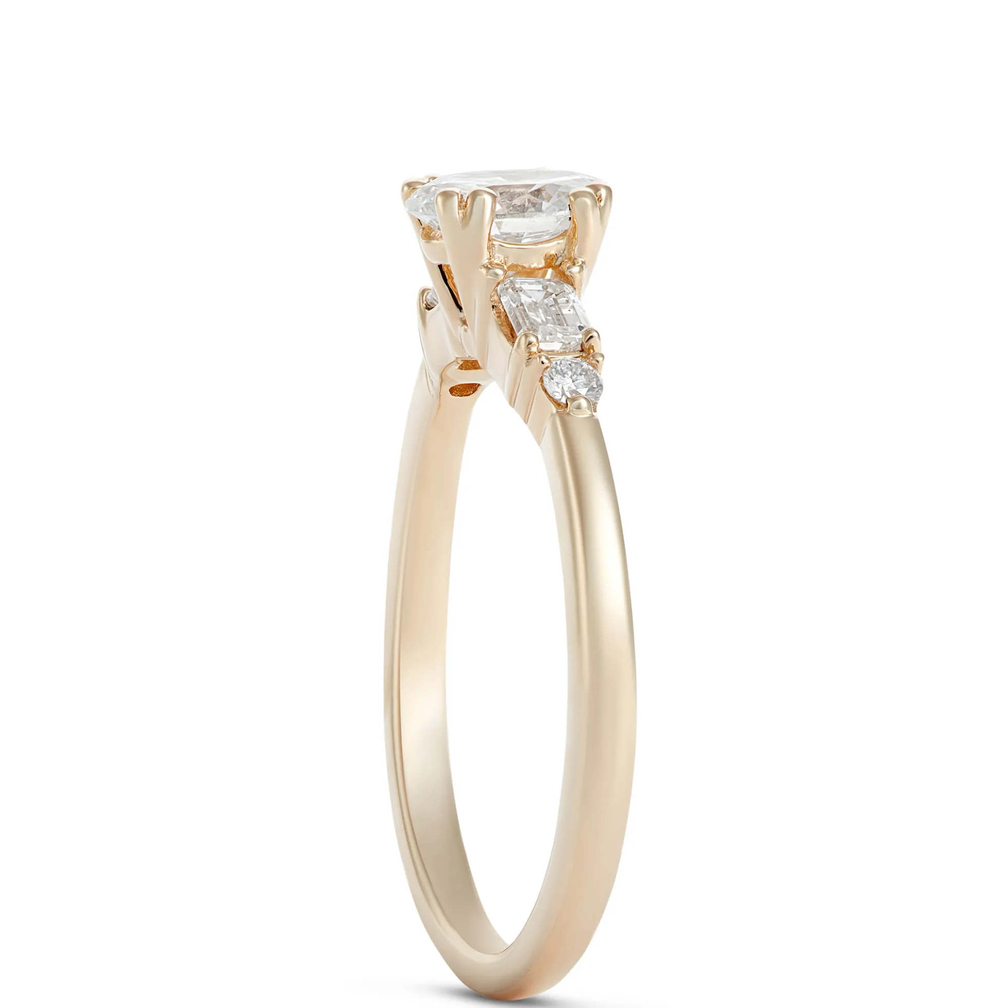 Oval, Emerald and Round Cut Diamond Engagement Ring, 14K Yellow Gold