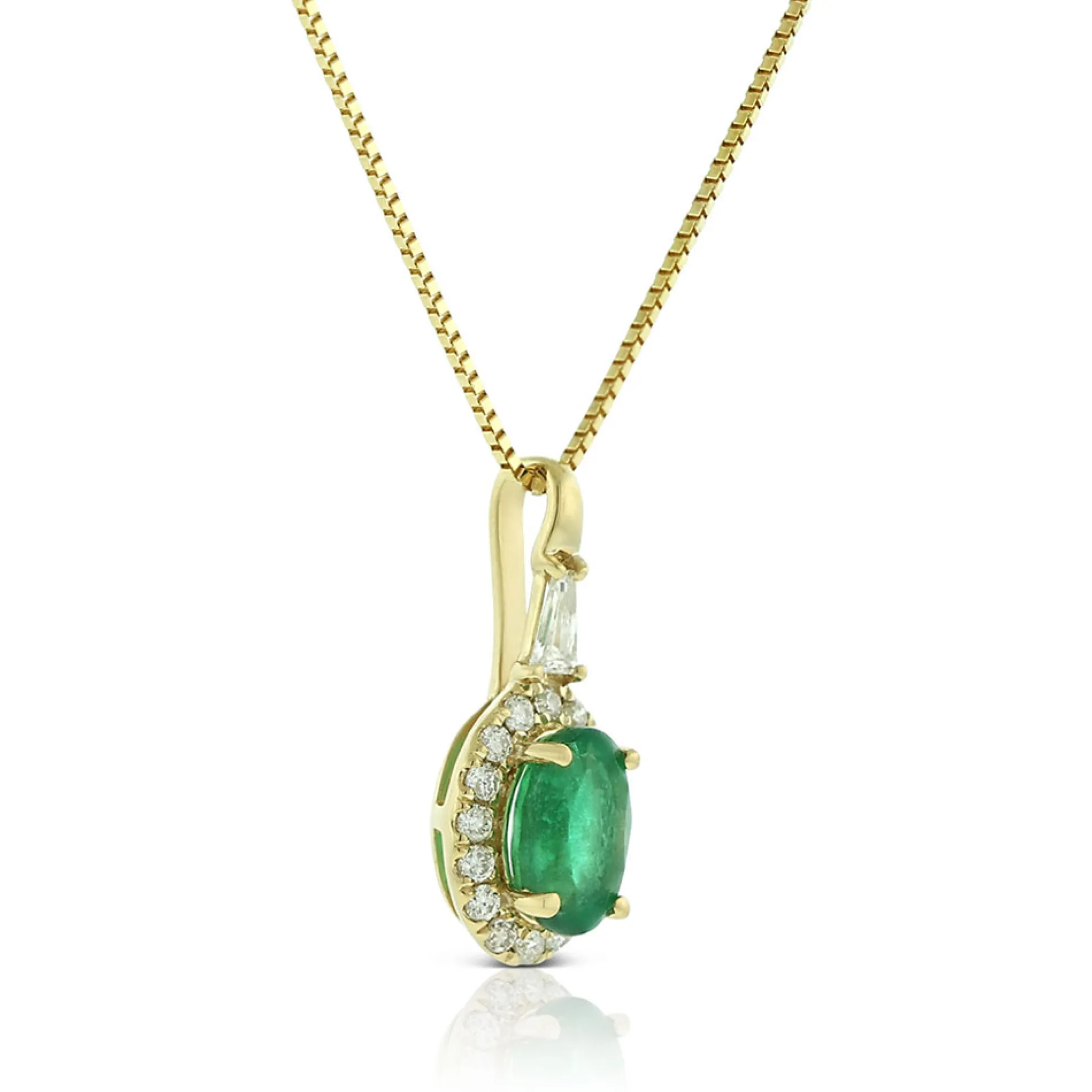 Oval Emerald & Diamond Halo Necklace, 14K Yellow Gold