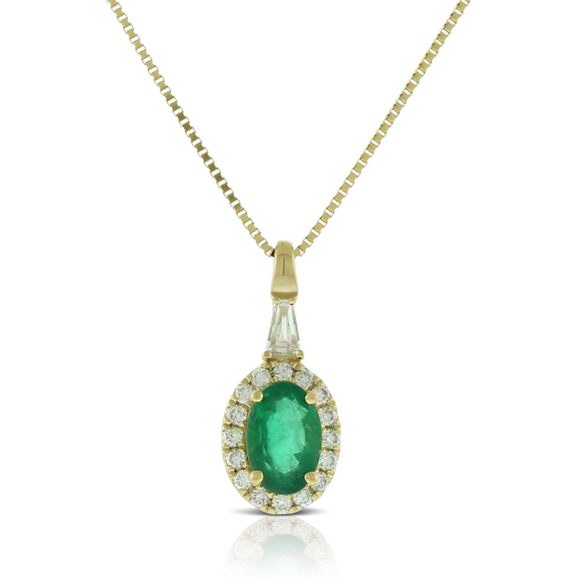 Oval Emerald & Diamond Halo Necklace, 14K Yellow Gold