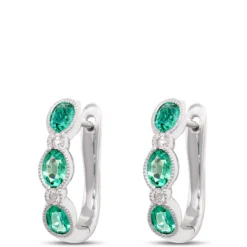 Oval Emerald Hoops, 14K White Gold