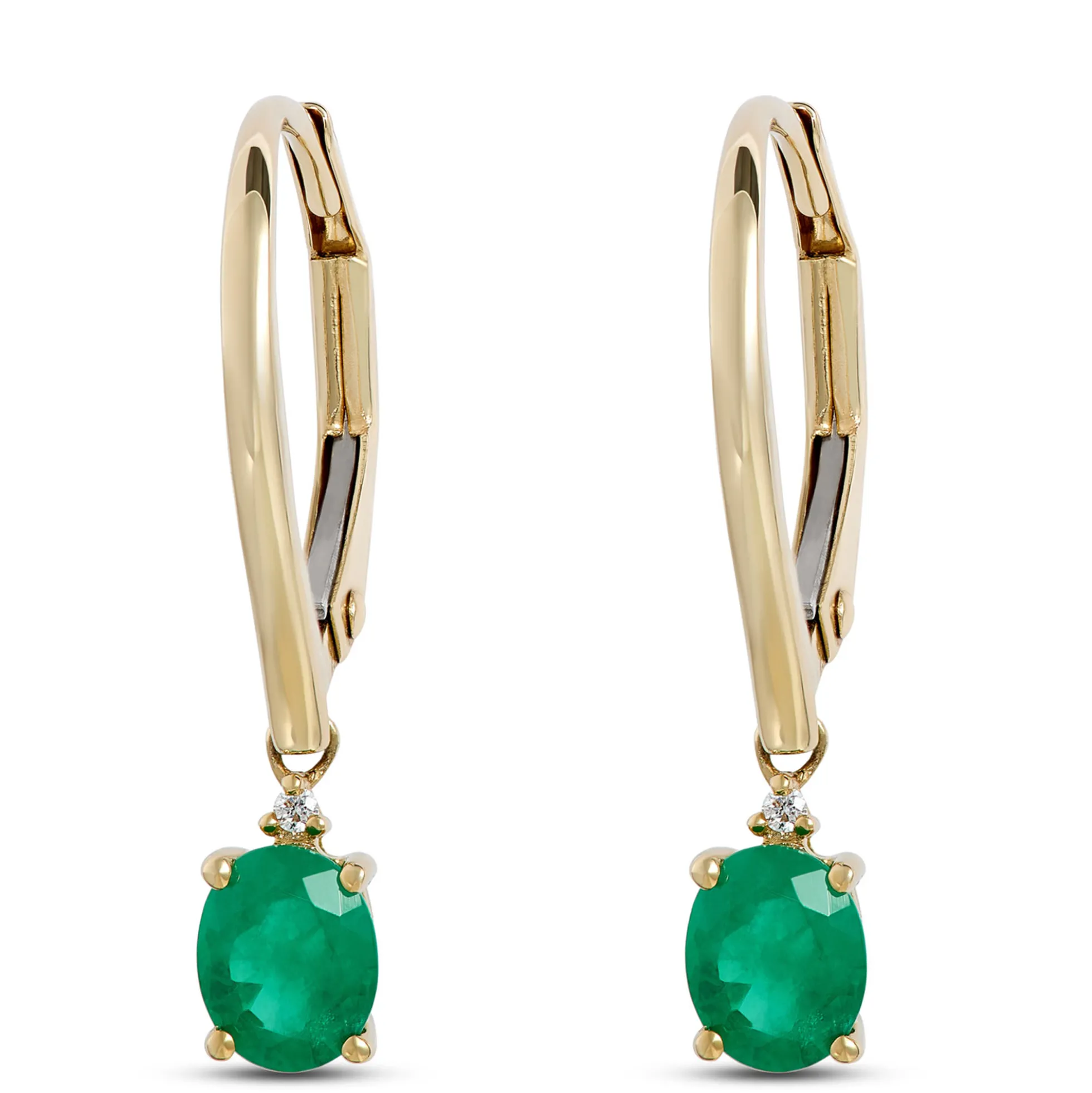Oval Emerald Leverback Earrings, 14K Yellow Gold