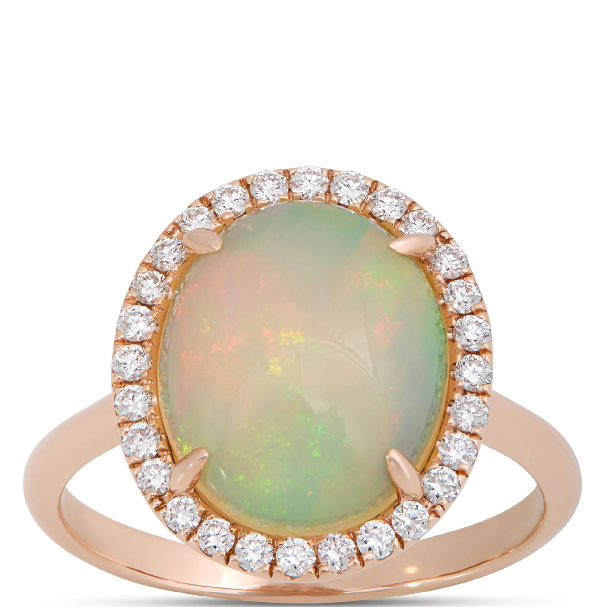 Oval Opal and Round Diamond Halo Ring, 14K Yellow Gold