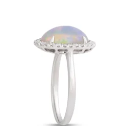 Oval Opal Ring with Diamond Halo, 14K White Gold