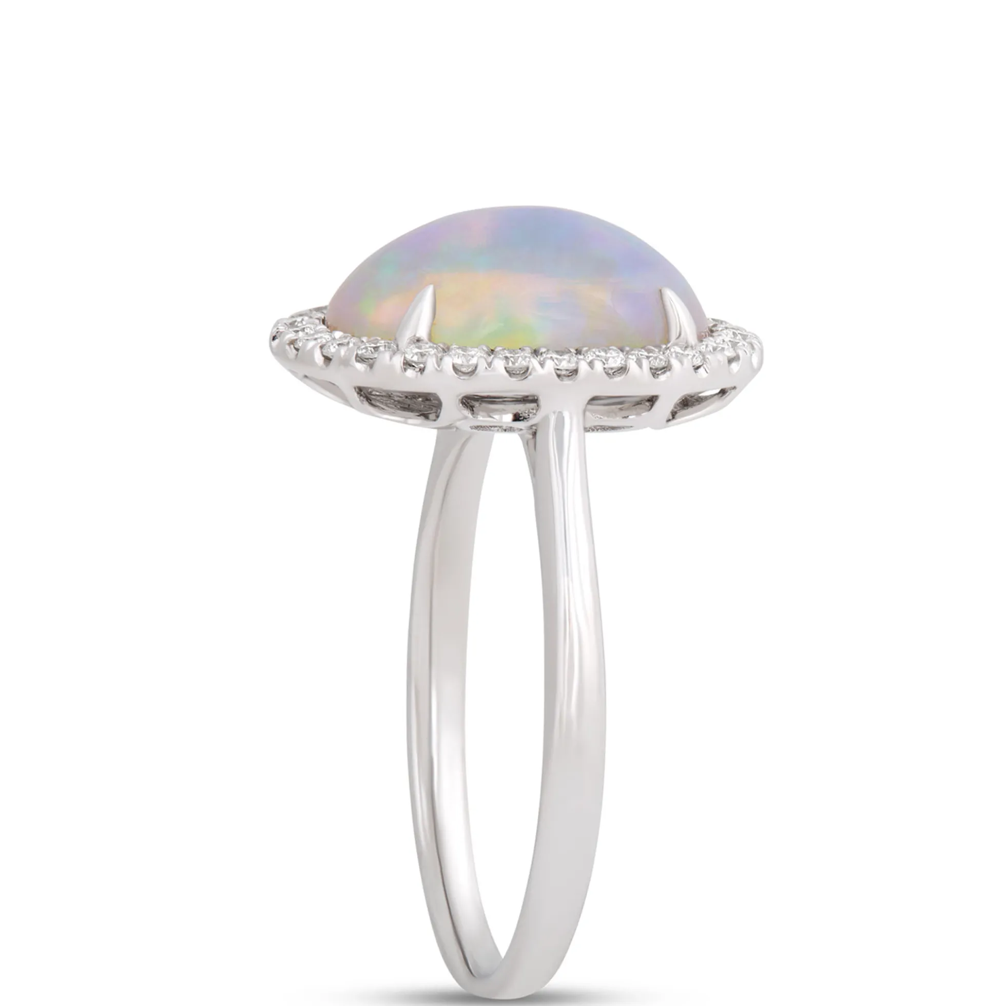 Oval Opal Ring with Diamond Halo, 14K White Gold
