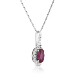 Oval Ruby & Diamond Halo Necklace 14K