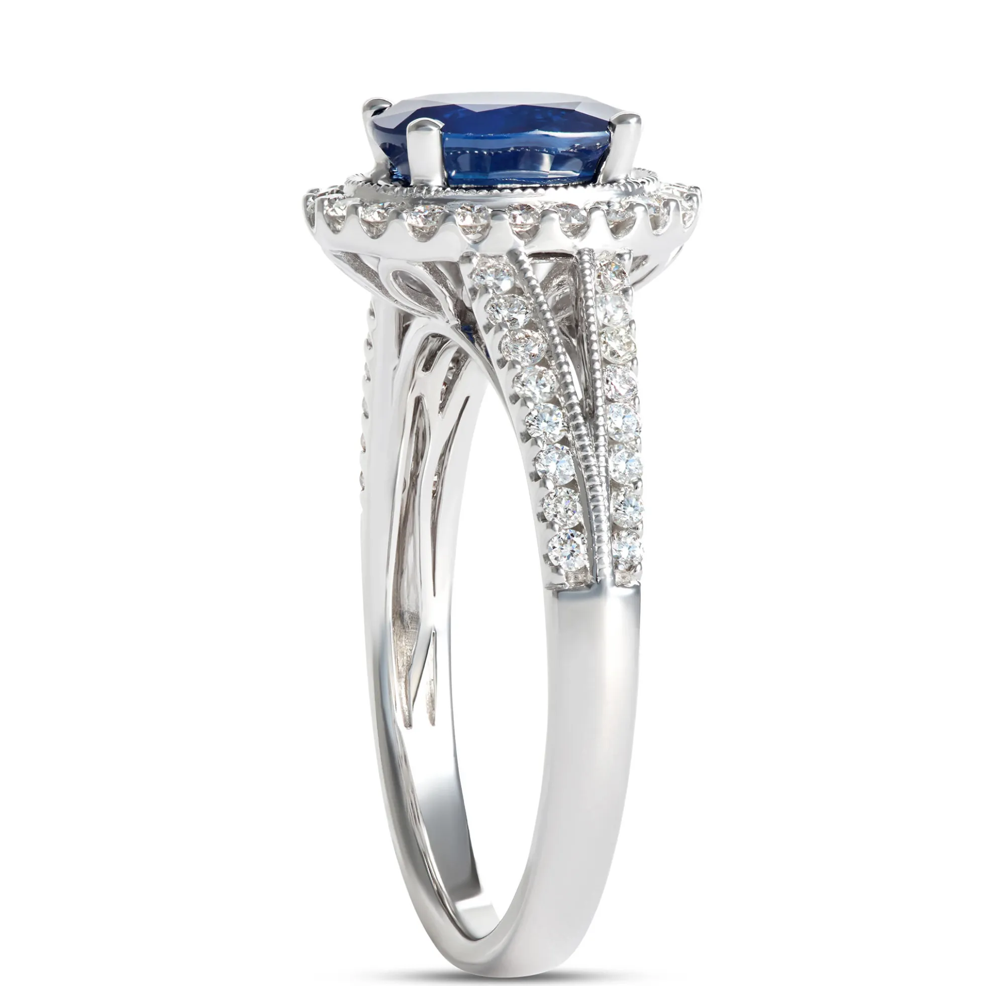 Oval Sapphire and Diamond Halo Ring, 14K White Gold