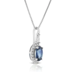 Oval Sapphire & Diamond Halo Necklace 14K