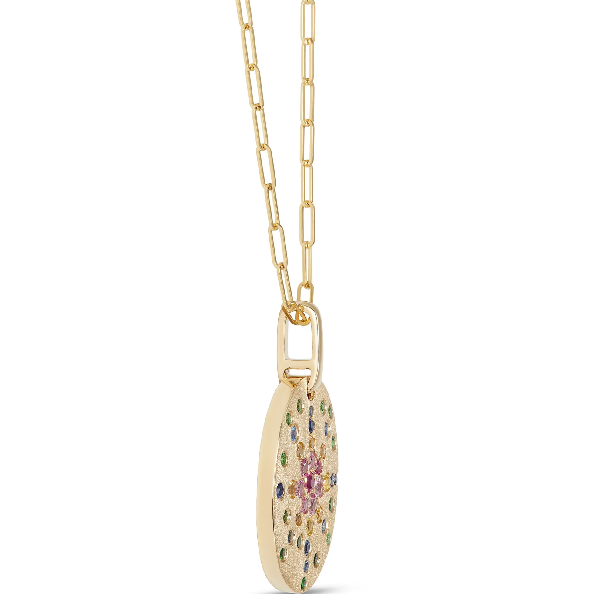 Oval Shaped Confetti Gemstone Pendant, 14K Yellow Gold