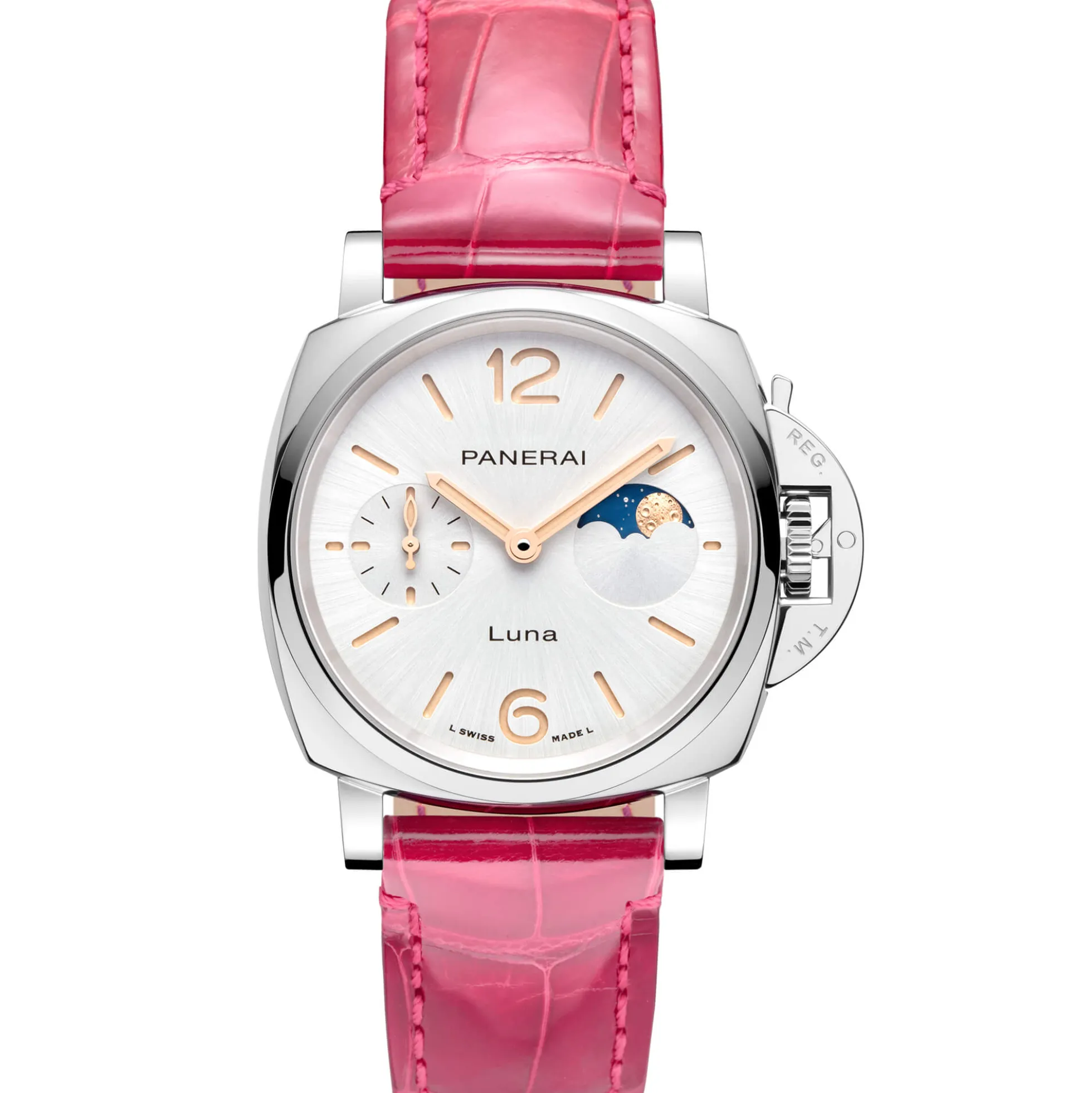 Panerai Luminor Due Luna Watch White Dial Pink Leather Strap, 38mm