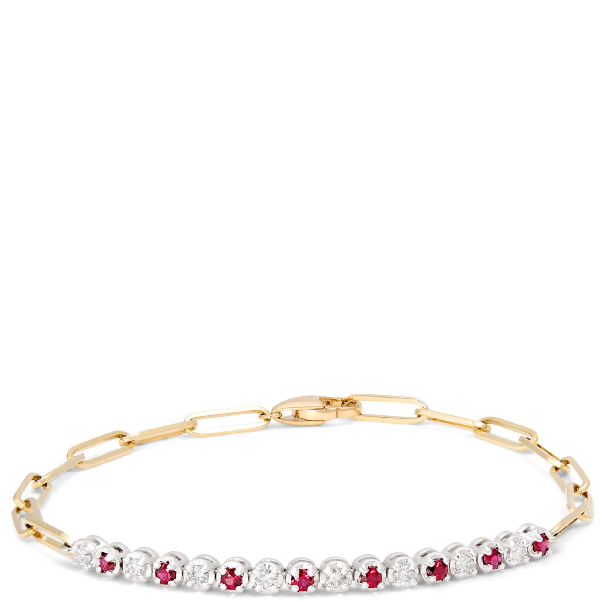 Paperclip Round Ruby and Diamond Bracelet in 14K Yellow Gold