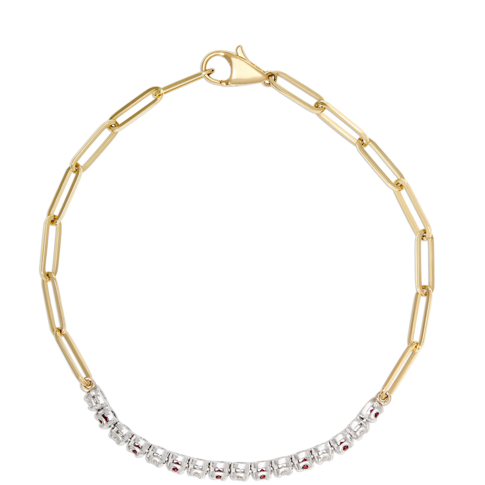 Paperclip Round Ruby and Diamond Bracelet in 14K Yellow Gold