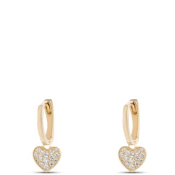 Pave Heart Hoops, 14K Yellow Gold