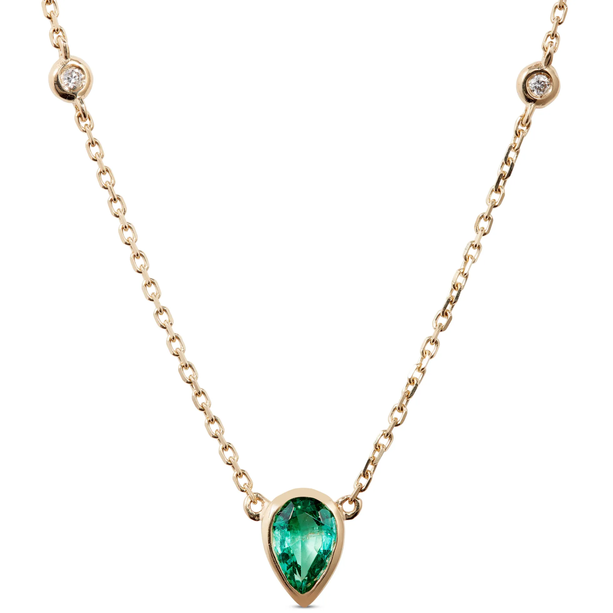Pear Cut Emerald and Diamond Necklace, 14K Yellow Gold
