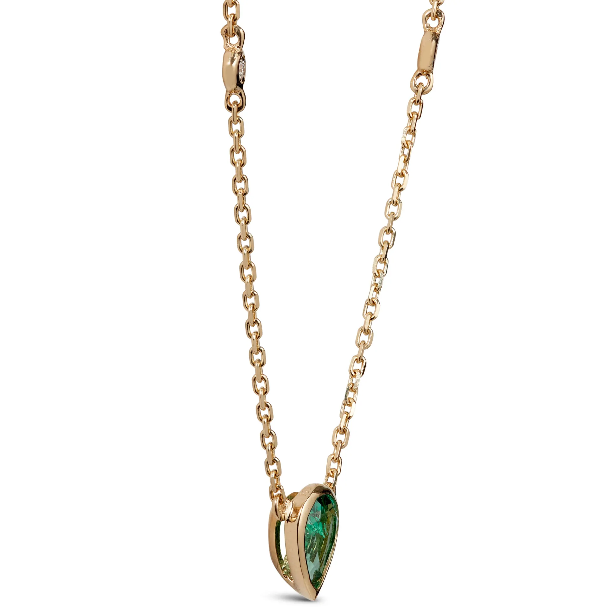 Pear Cut Emerald and Diamond Necklace, 14K Yellow Gold