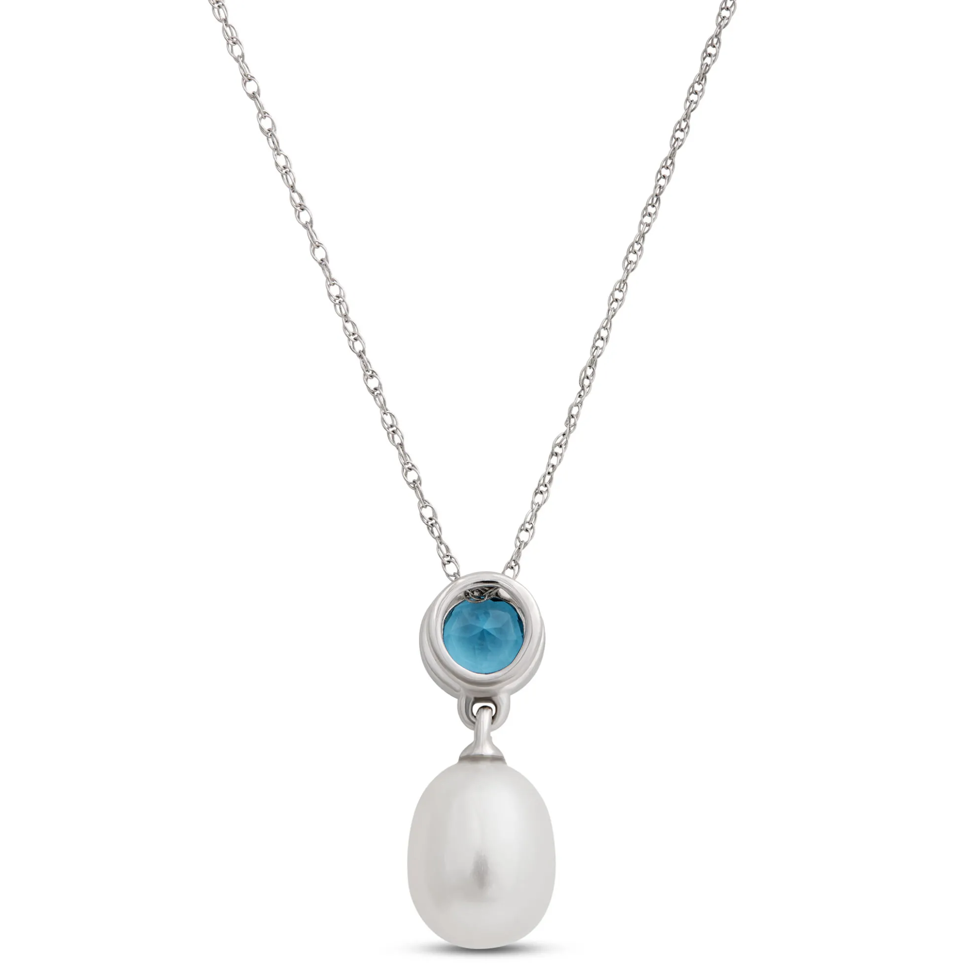 Pearl and Blue Topaz Pendant Necklace, 14k White Gold