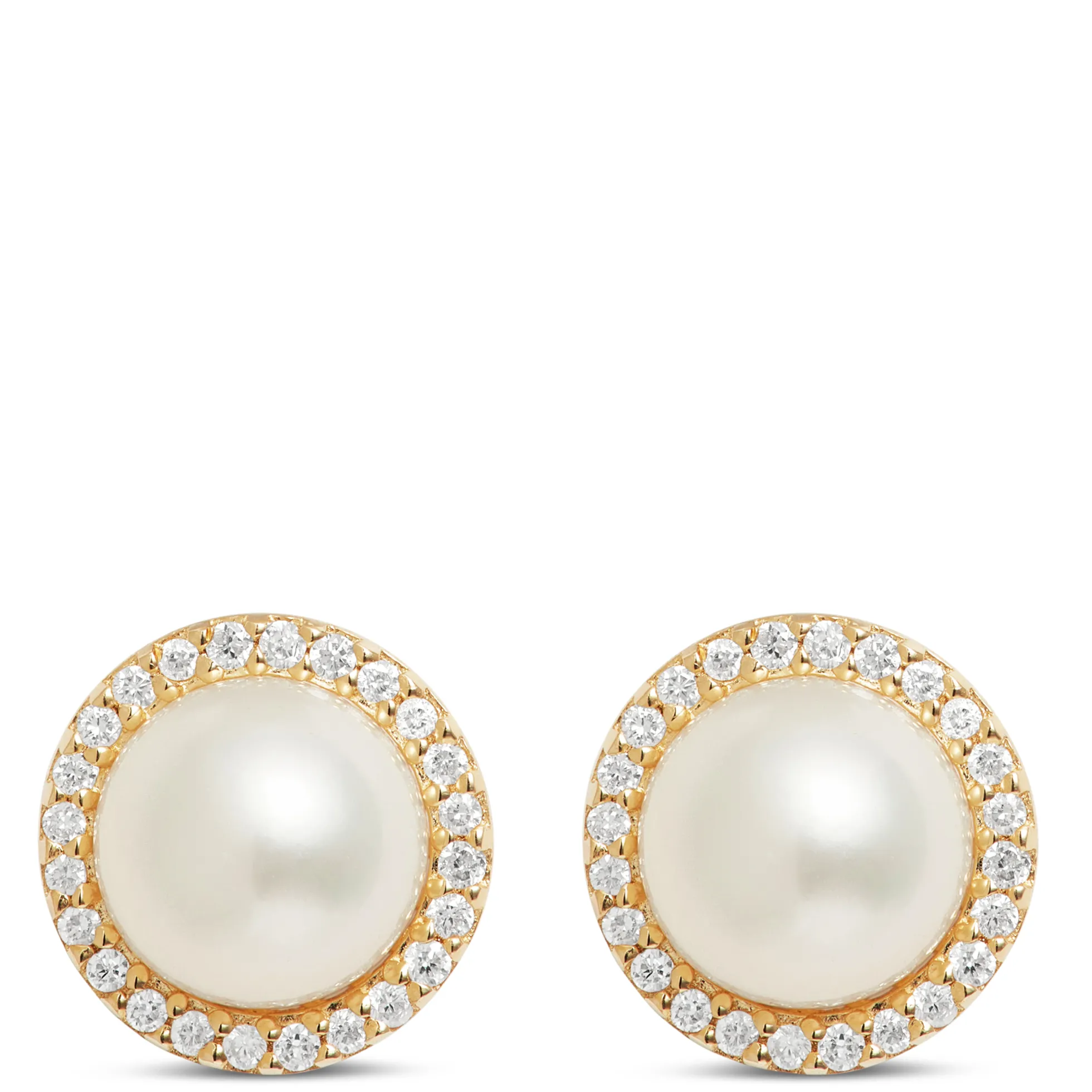 Pearl Halo Stud Earrings, 14K Yellow Gold