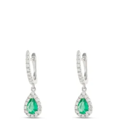 Pear-Shaped Emerald and Diamond Earrings, ⅓ Total Carat Weight, 14K White Gold