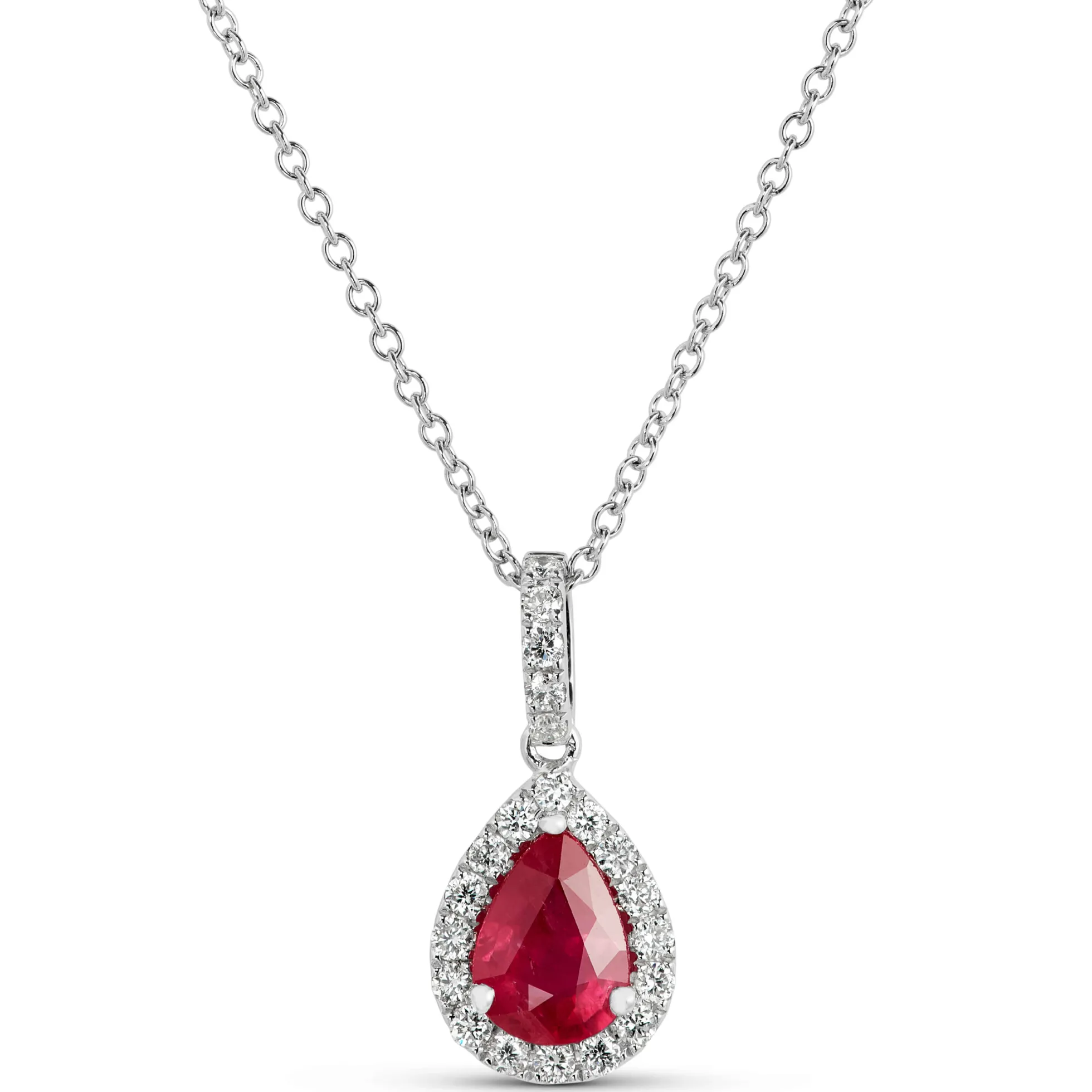 Pear Shaped Ruby and Diamond Halo Pendant Necklace, 14K White Gold