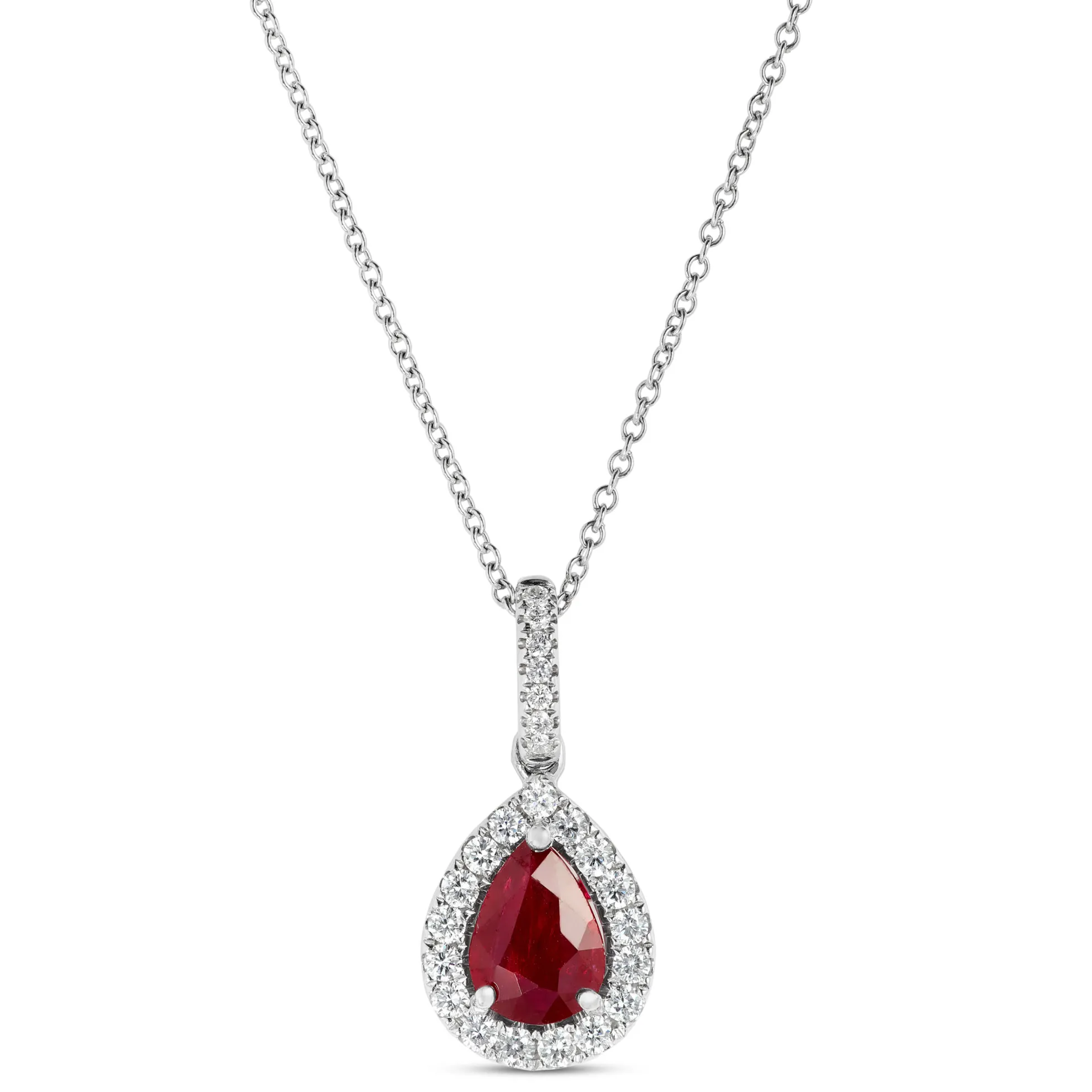 Pear Shaped Ruby and Diamond Halo Pendant Necklace, 14K White Gold
