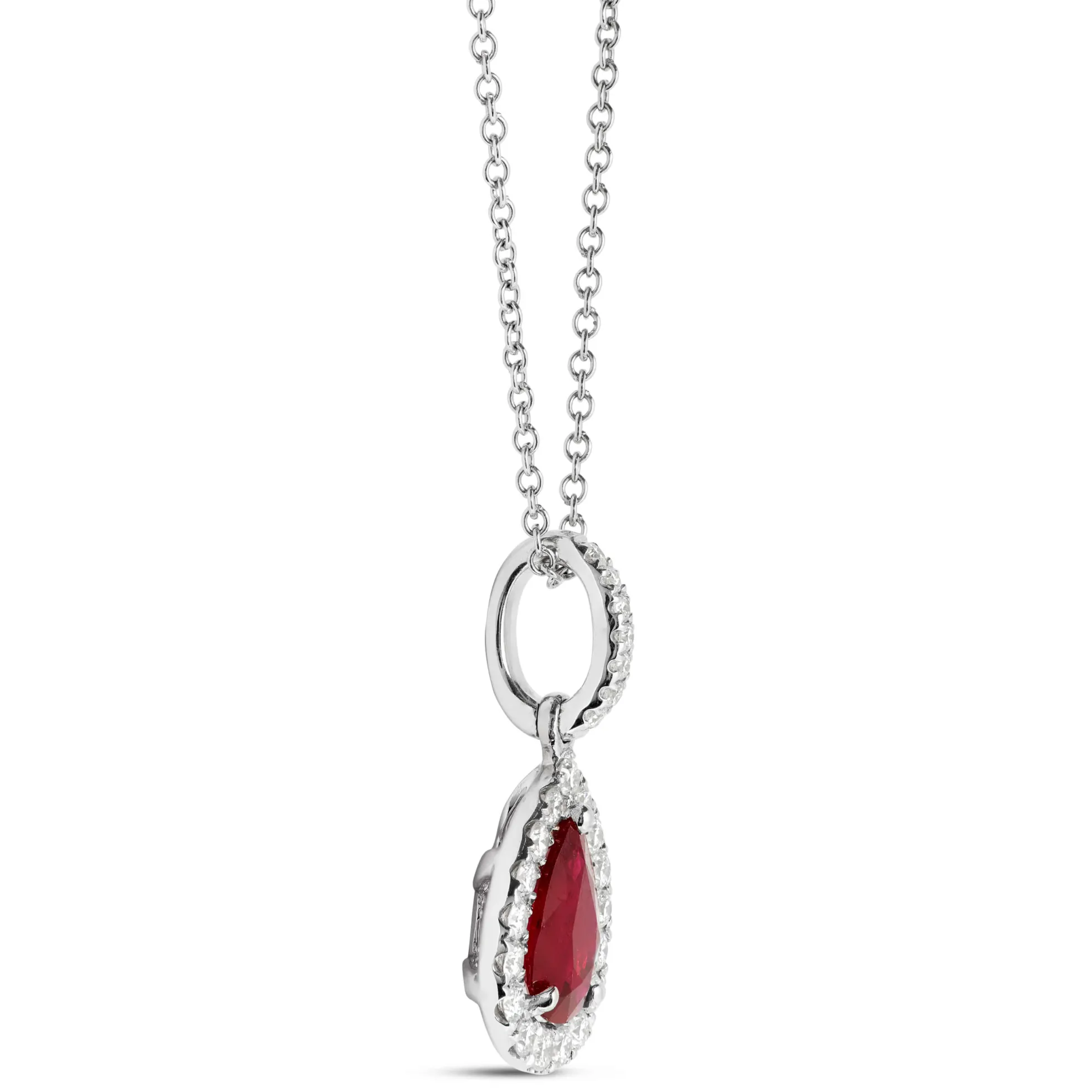 Pear Shaped Ruby and Diamond Halo Pendant Necklace, 14K White Gold