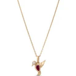 Pear Shaped Ruby Bird Necklace, 14K Yellow Gold
