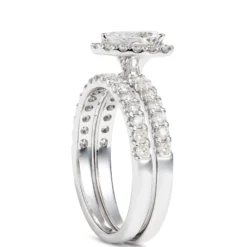 Pear Shape Halo and Round Diamond Bridal Set, 14K White Gold