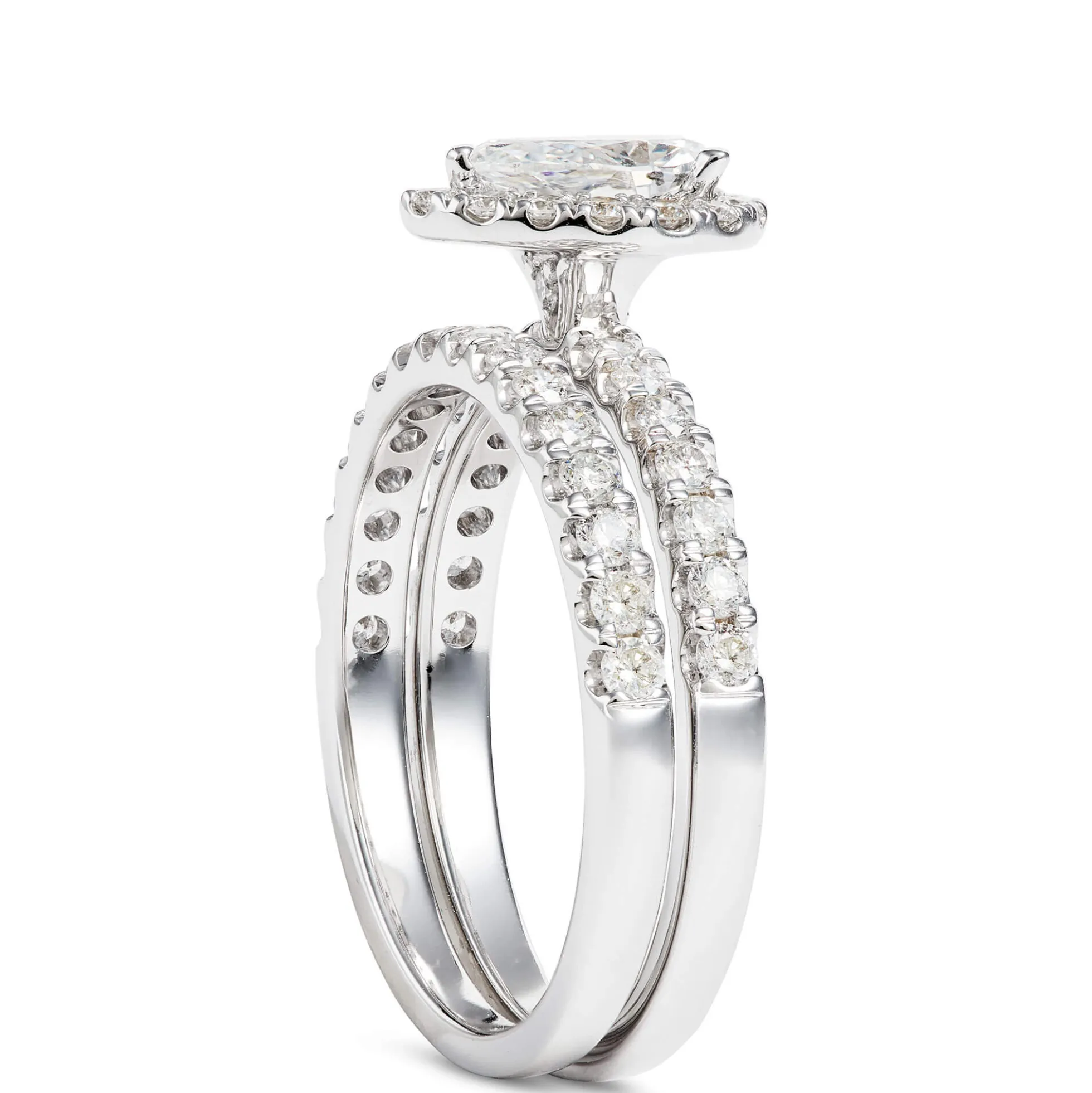 Pear Shape Halo and Round Diamond Bridal Set, 14K White Gold