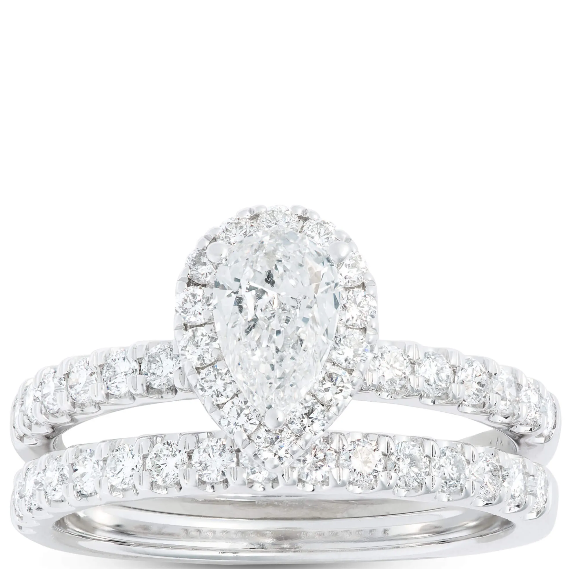 Pear Shape Halo and Round Diamond Bridal Set, 14K White Gold
