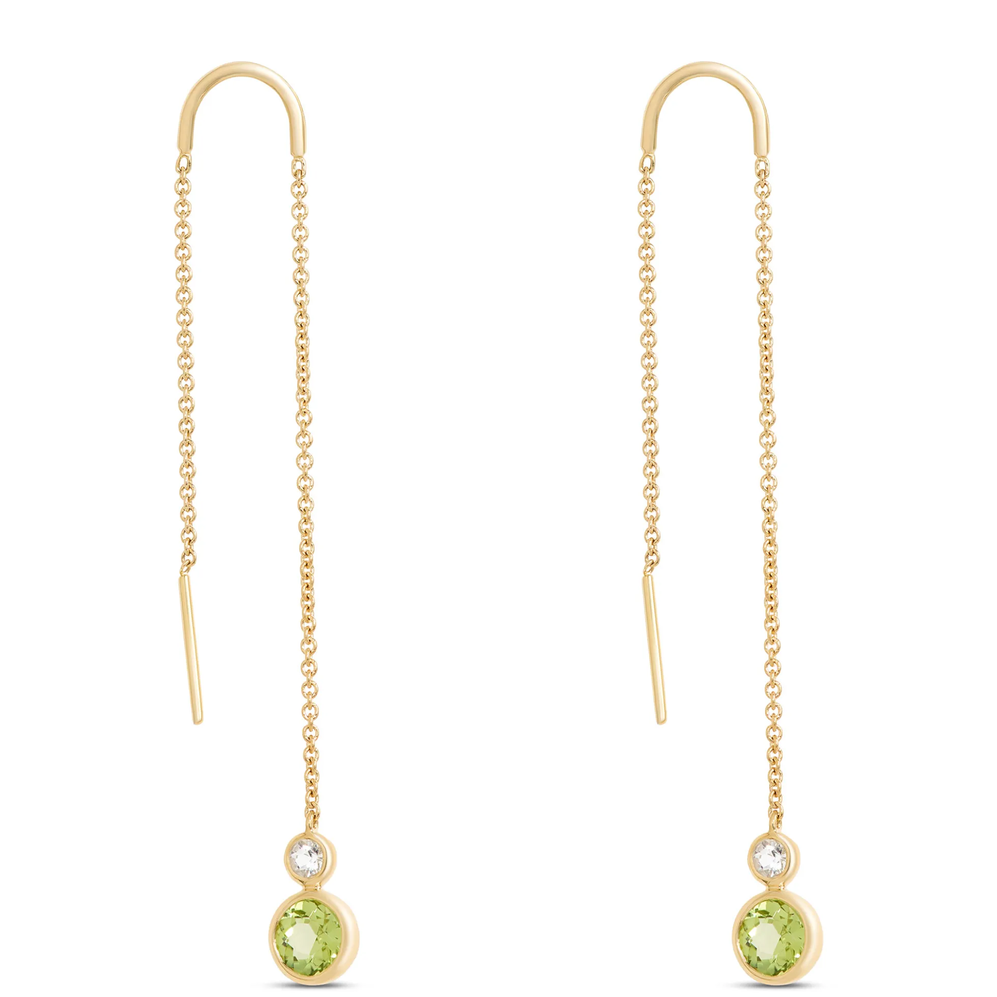 Peridot and White Topaz Threader Earrings, 14K Yellow Gold
