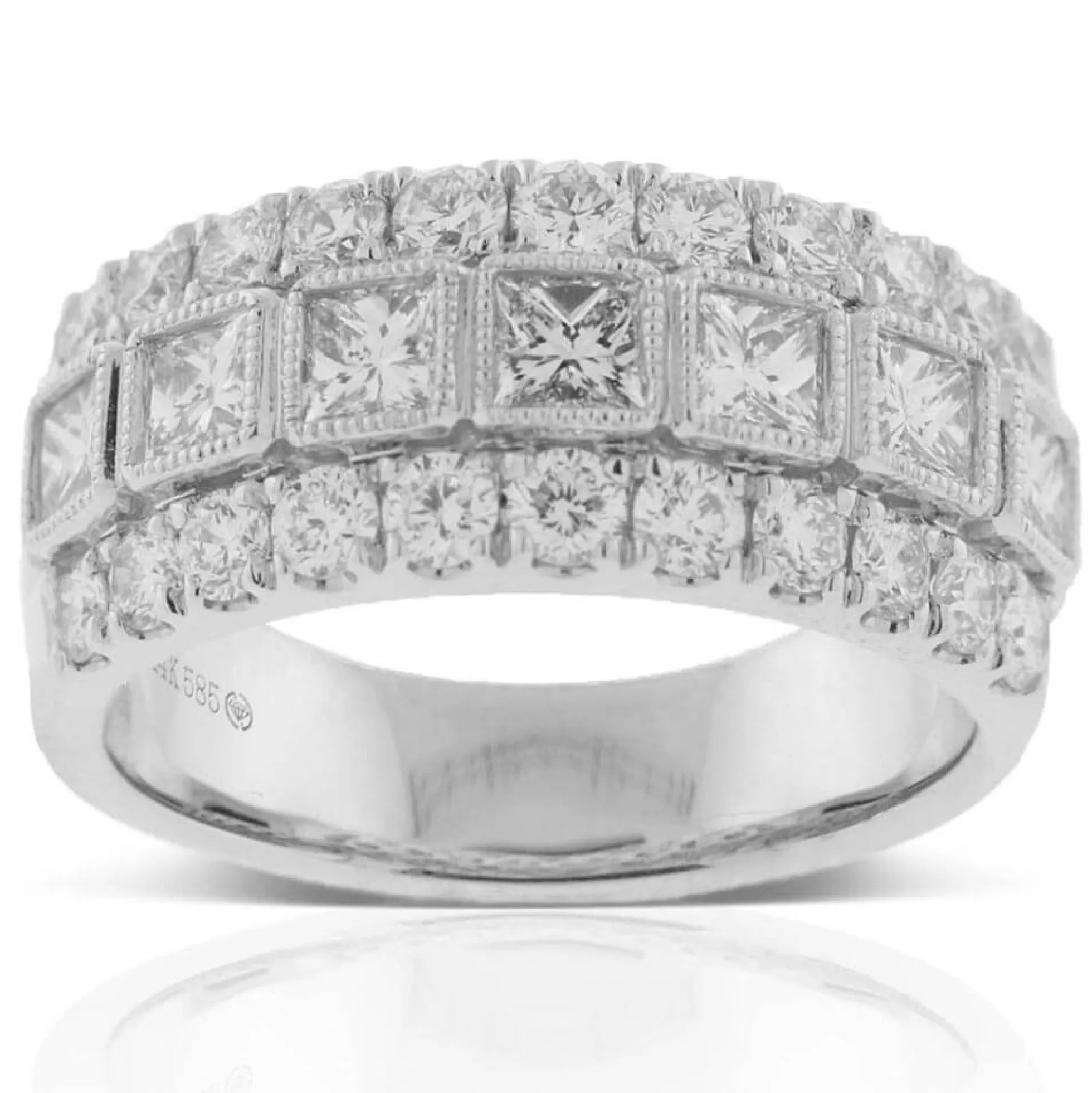 Princess & Round Diamond 3-Row Band 14K
