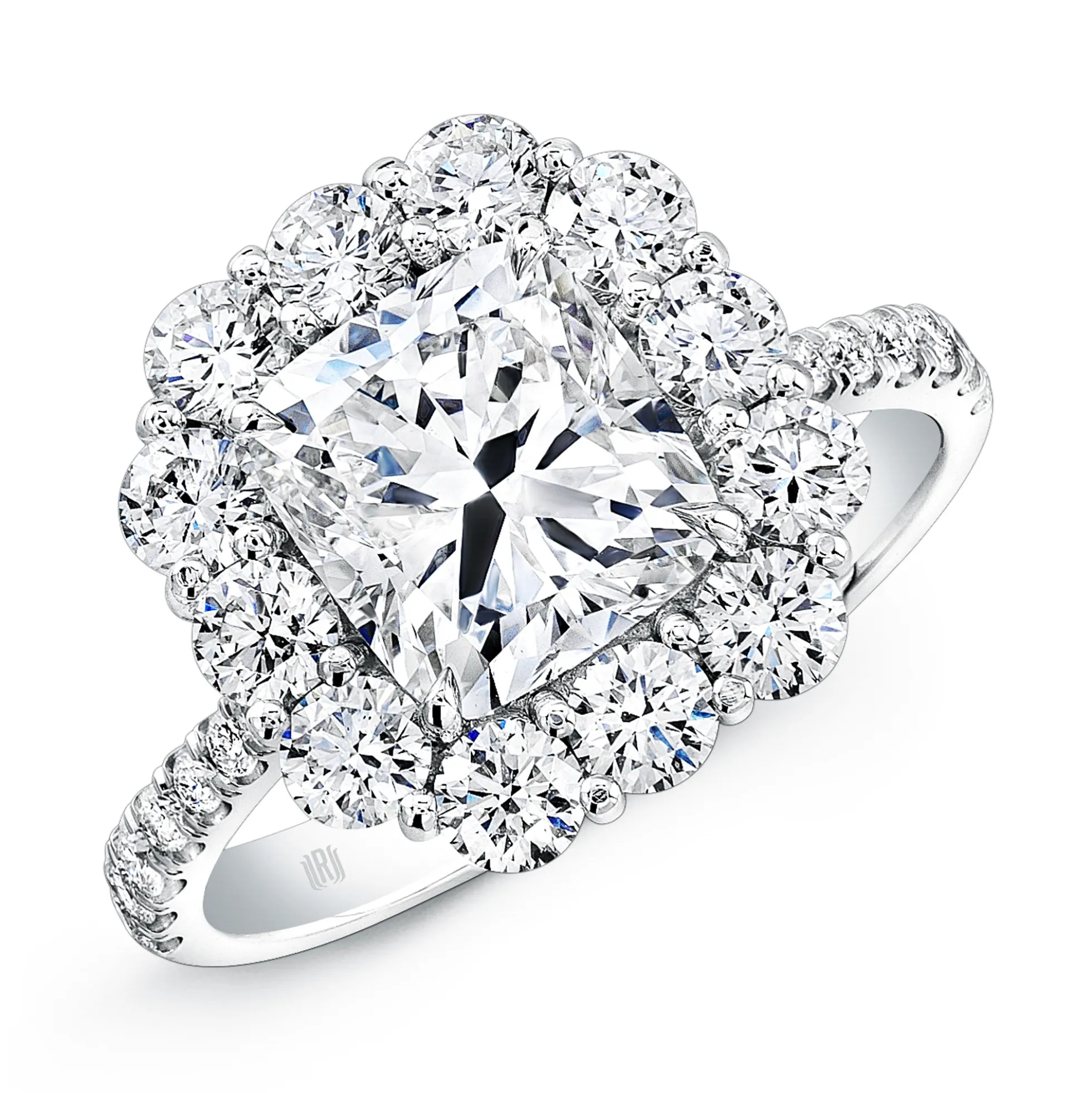 Rahaminov Cushion Cut Halo Engagement Ring, 18K White Gold