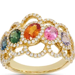 Rainbow Round Sapphire and Diamond Ring, ⅔ Total Carat Weight 14K Yellow Gold