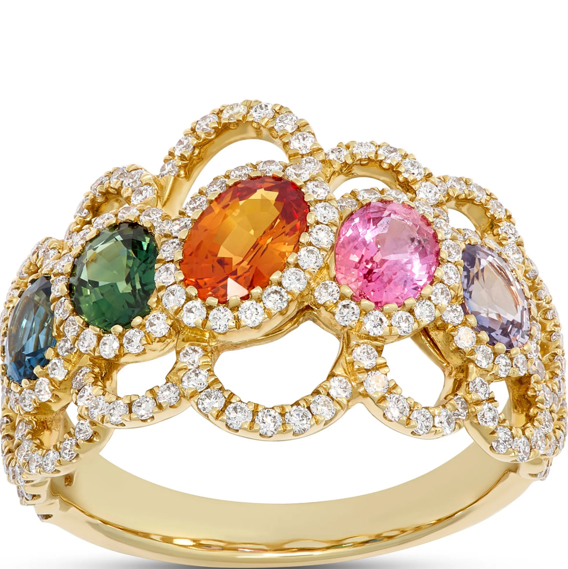 Rainbow Round Sapphire and Diamond Ring, ⅔ Total Carat Weight 14K Yellow Gold