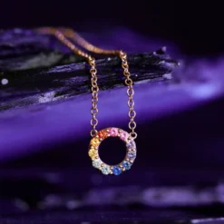 Rainbow Sapphire Mini Circle Necklace 14K