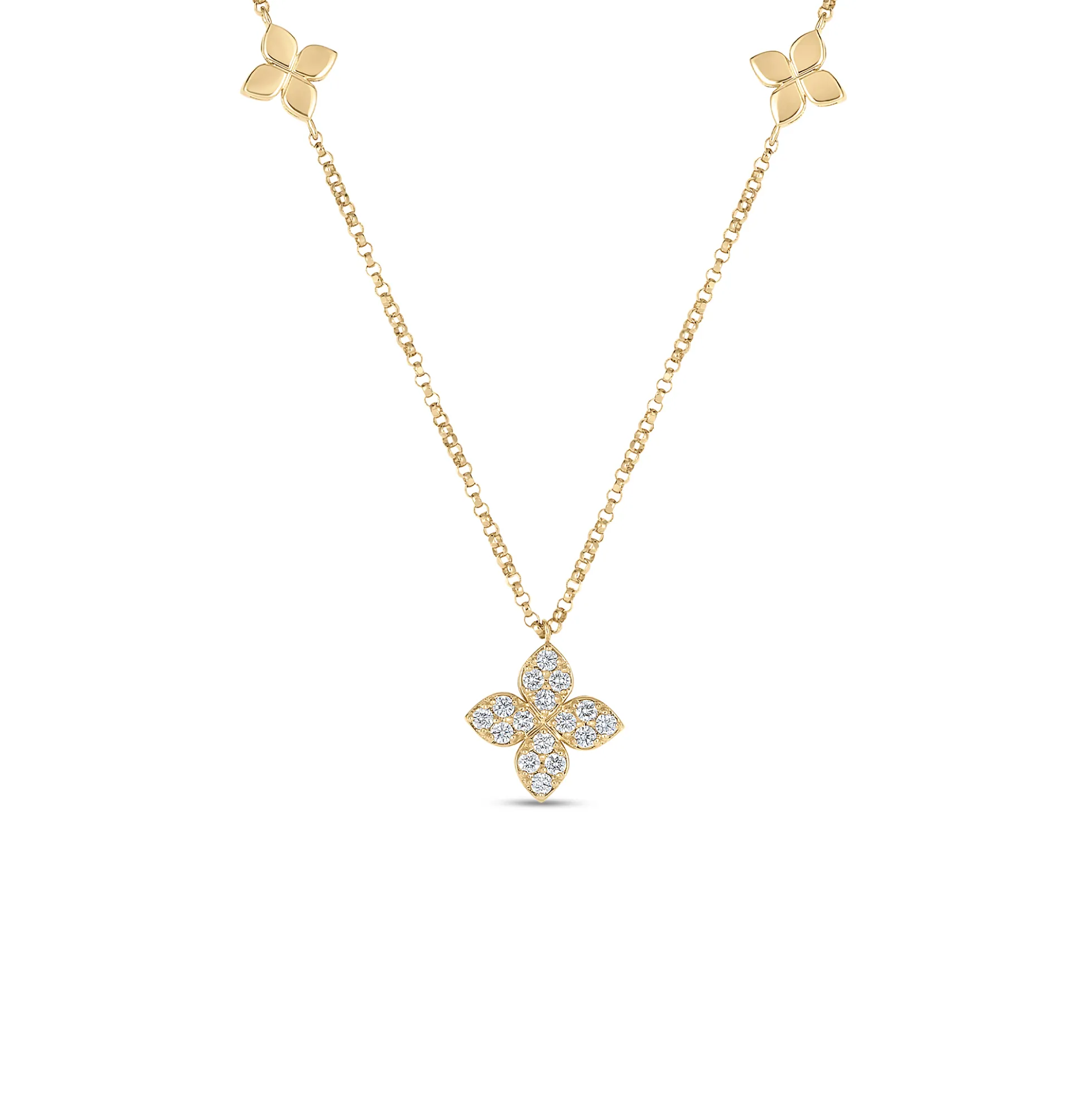 Robert Coin 18k Yellow Gold Love By The Inch Diamond & Polished Flower Station Necklace