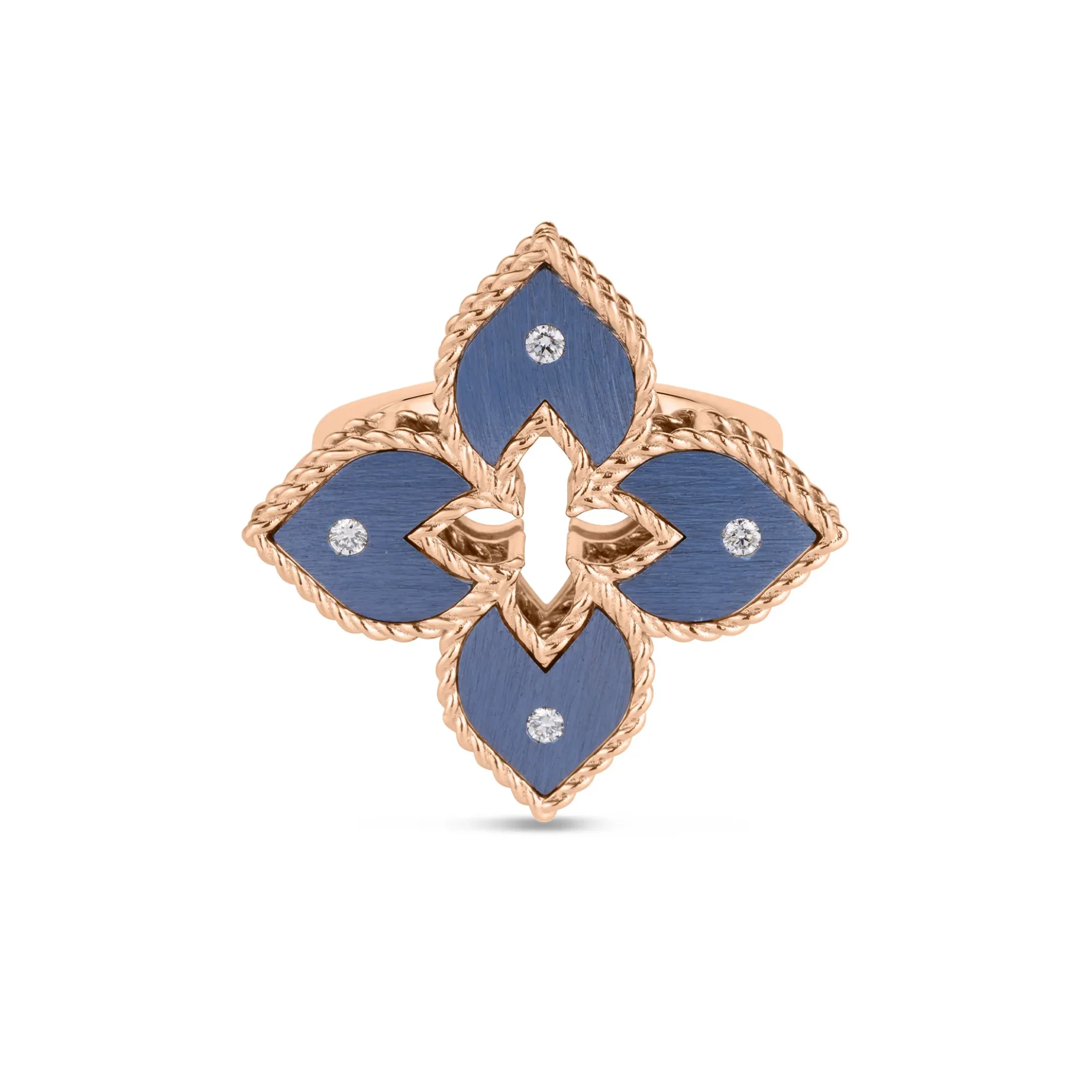 Roberto Coin 18K Rose Gold Venetian Princess Diamond And Titanium Small Flower Ring Size 6.5