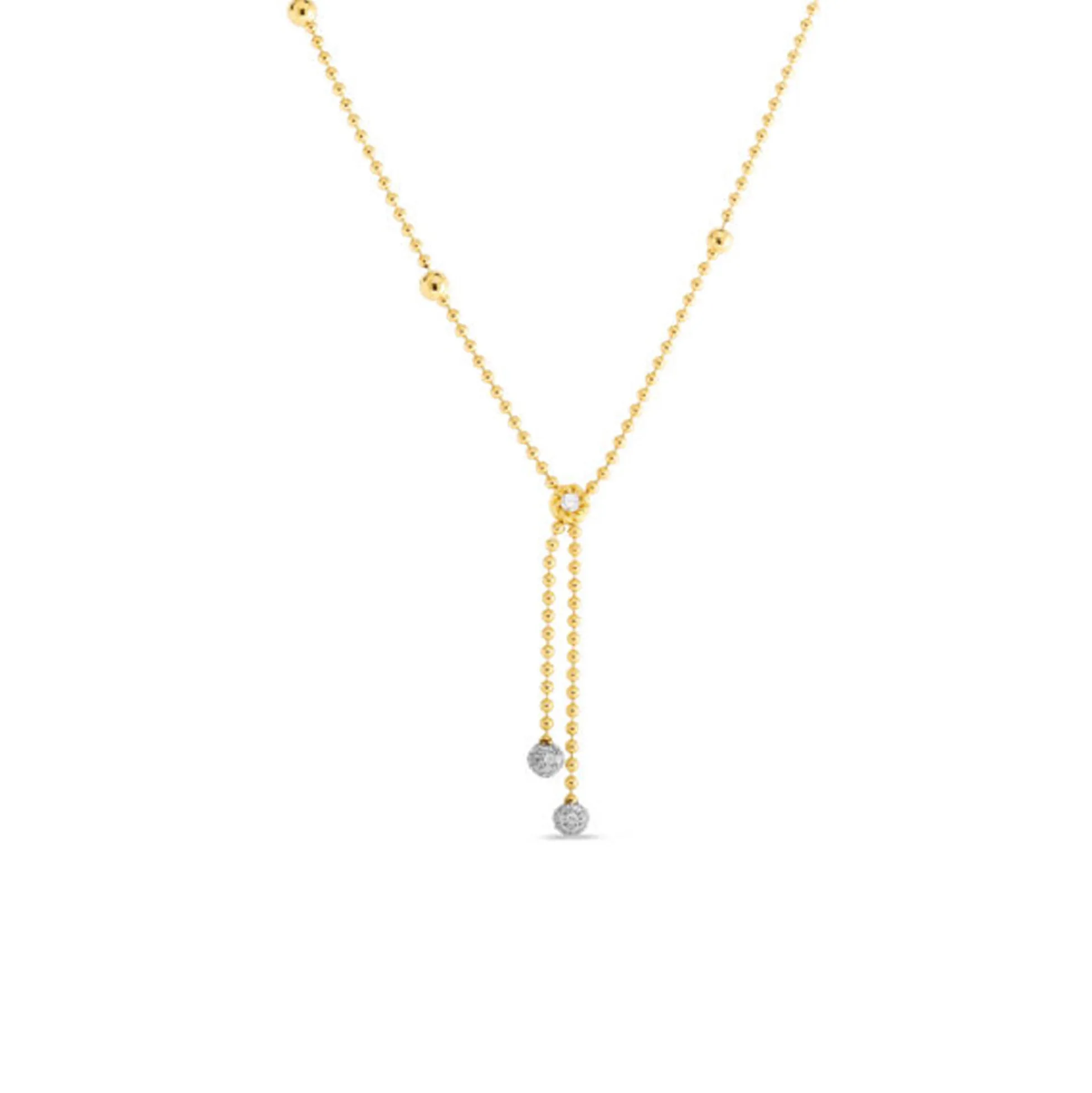 Roberto Coin 18K Yellow and White Gold Designer Gold Alternating Bead with Double Diamond Drop Necklace
