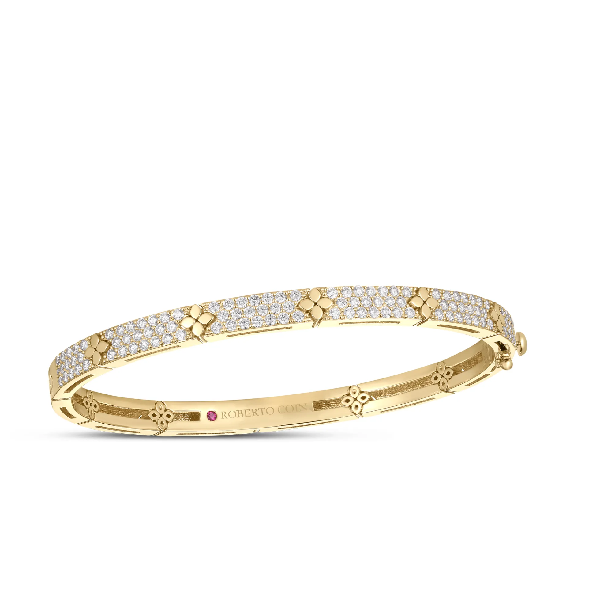 Roberto Coin 18K Yellow Gold Love In Verona Pave Diamond And Polished Flower Narrow Bangle