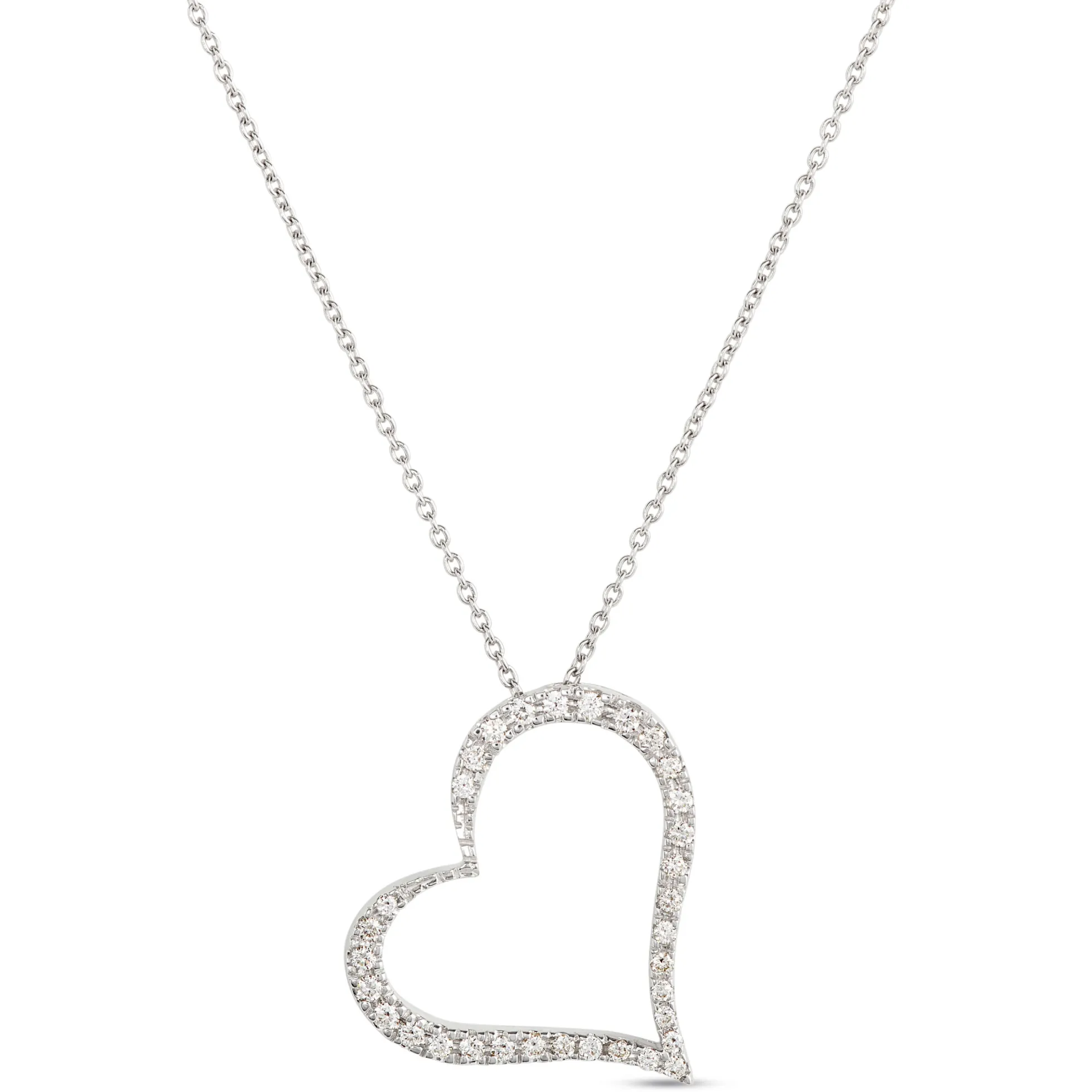 Roberto Coin Tiny Treasures Diamond Slanted Heart Necklace 18K White Gold