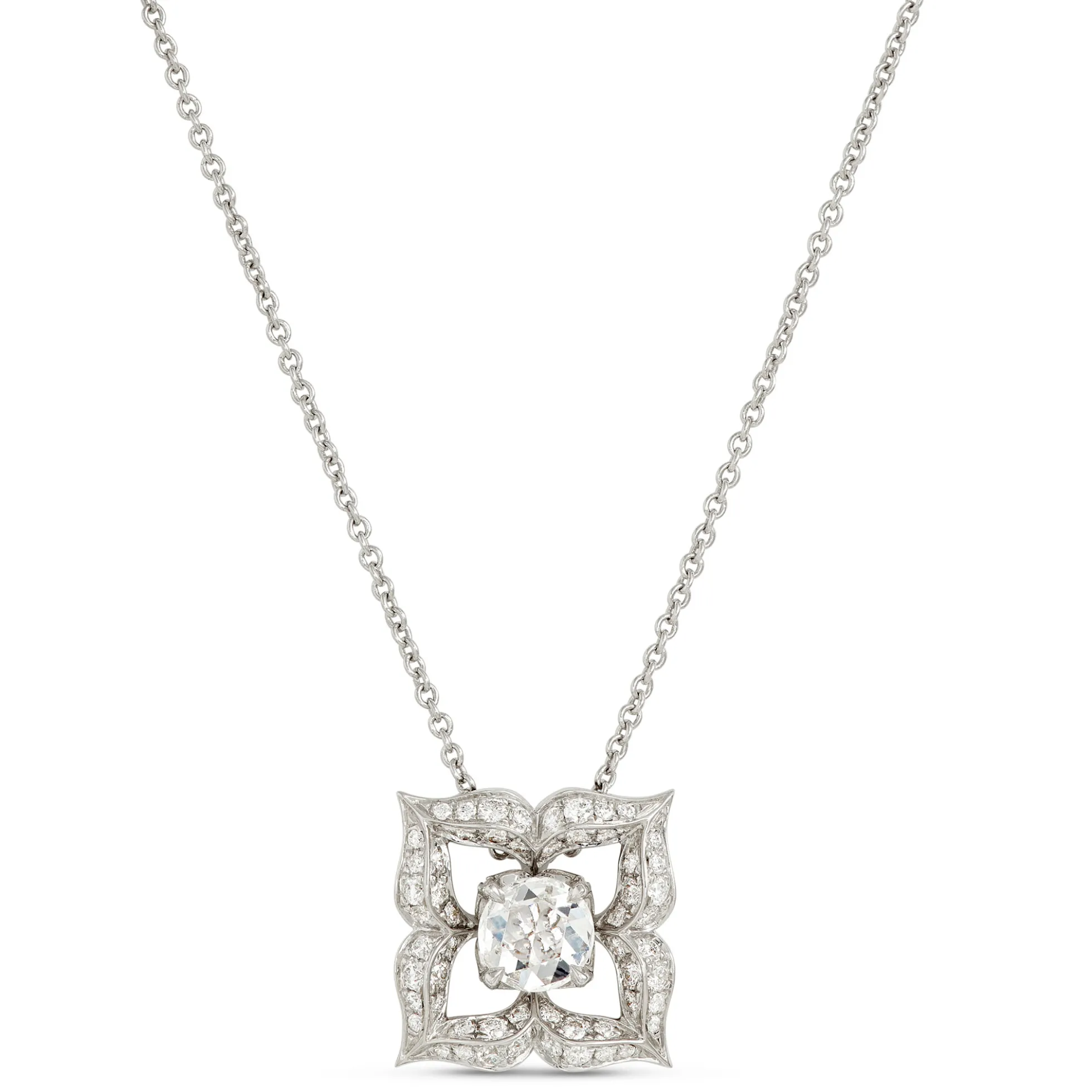 Rose and Round Cut Diamond Pendant Necklace, 18K White Gold