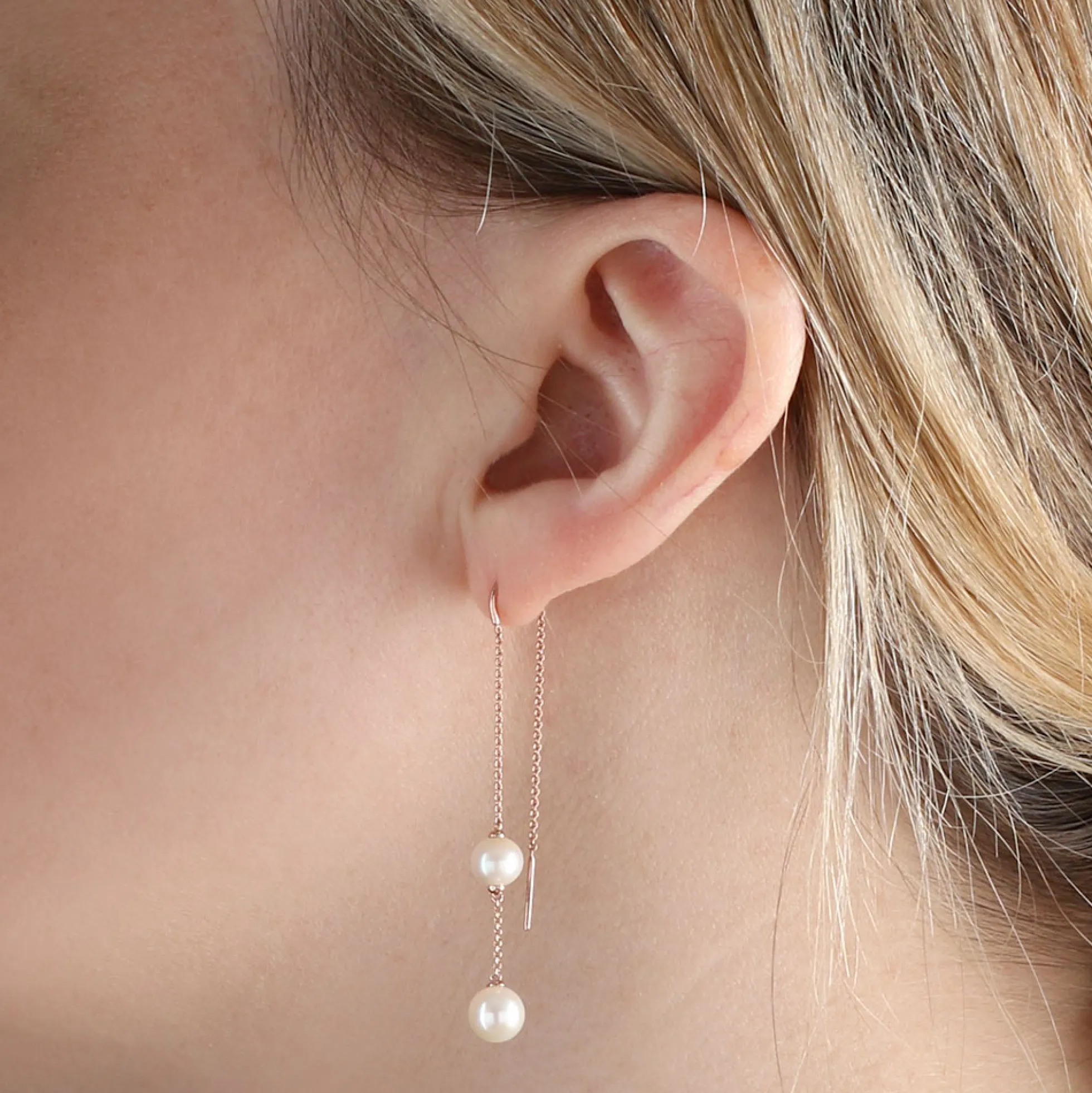 Rose Gold Freshwater Cultured Pearl Threader Earrings 14K