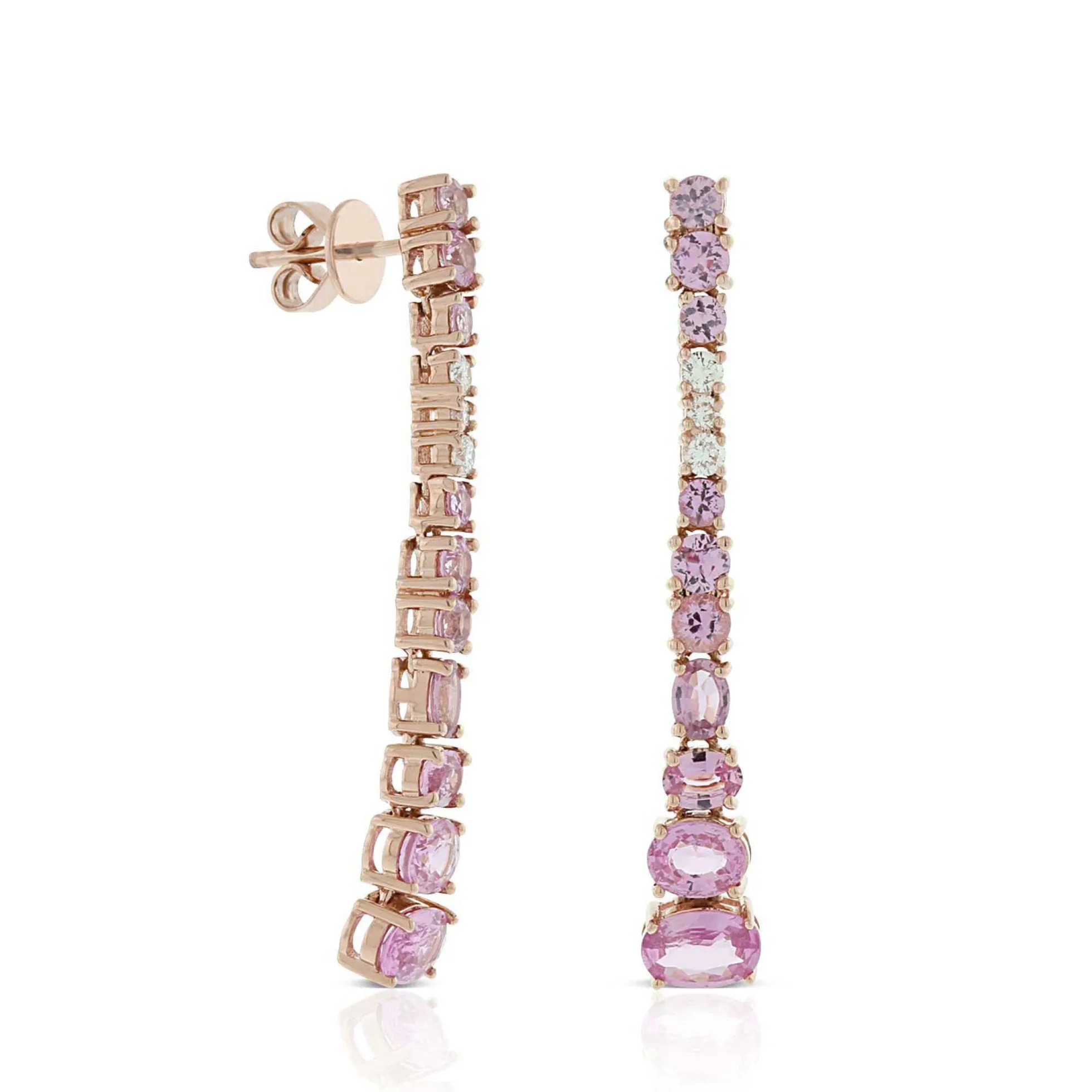Rose Gold Graduated Color Pink Sapphire & Diamond Earrings 14K