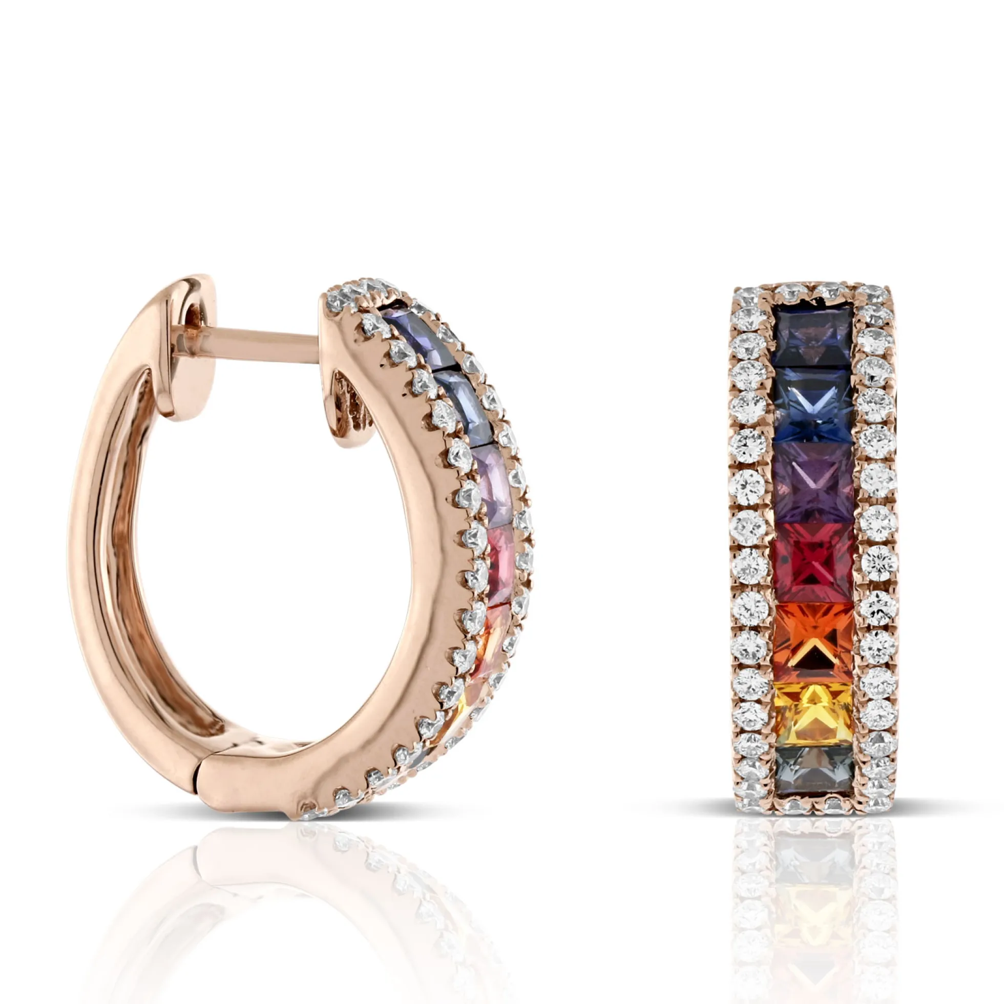Rose Gold Rainbow Sapphire & Diamond Hoop Earrings 14K