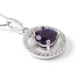 Round Amethyst and Diamond Pendant, 14K White Gold