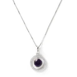 Round Amethyst and Diamond Pendant, 14K White Gold