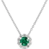 Round Cut Emerald Diamond Halo Necklace, 14K White Gold