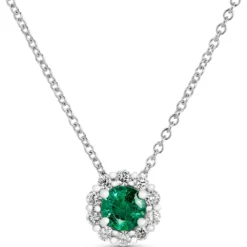 Round Cut Emerald Diamond Halo Necklace, 14K White Gold