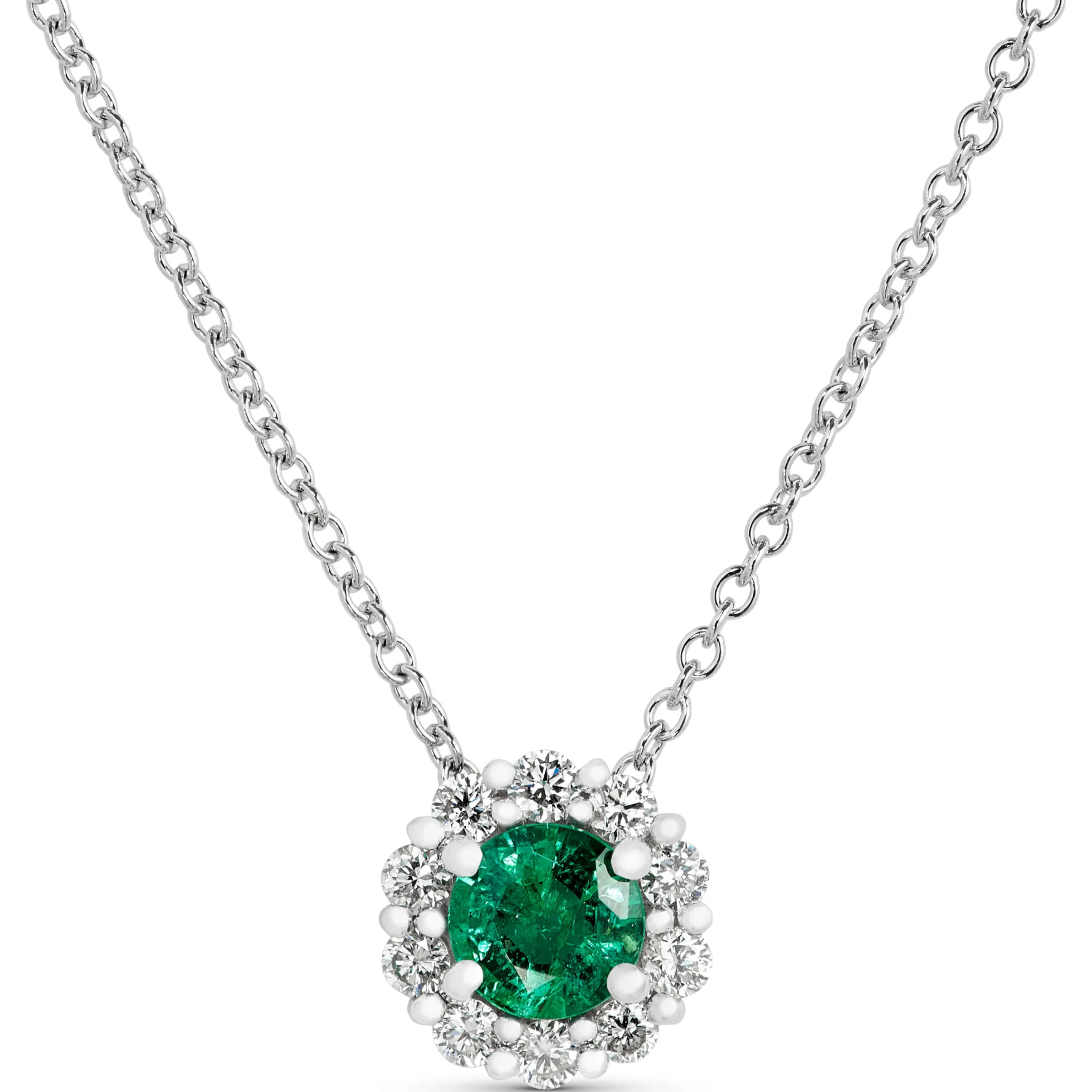 Round Cut Emerald Diamond Halo Necklace, 14K White Gold