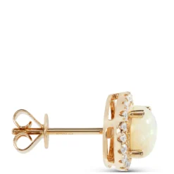 Round Cut Opal and Diamond Halo Earrings, 14K Yellow Gold